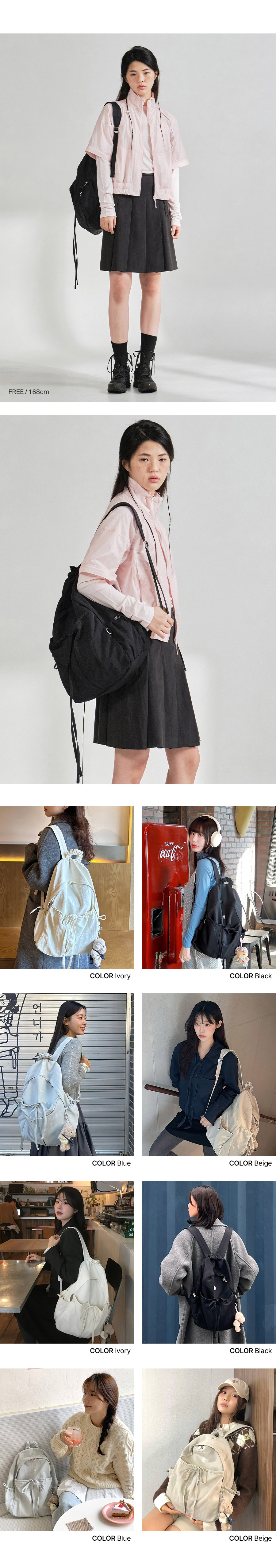 WOMEN CLOVER HEART SHIRRING NYLON BACKPACK - 5 COLORS BLACK