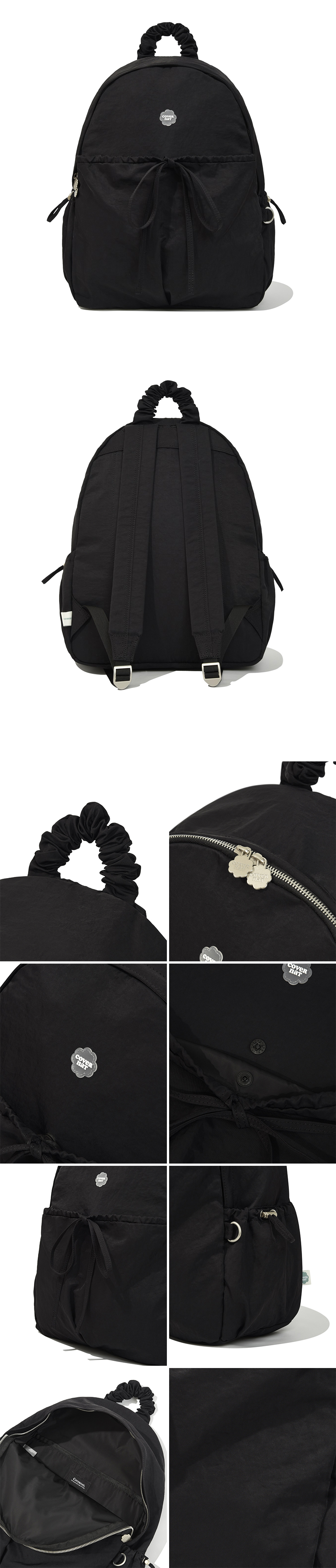 WOMEN CLOVER HEART SHIRRING NYLON BACKPACK - 5 COLORS BLACK