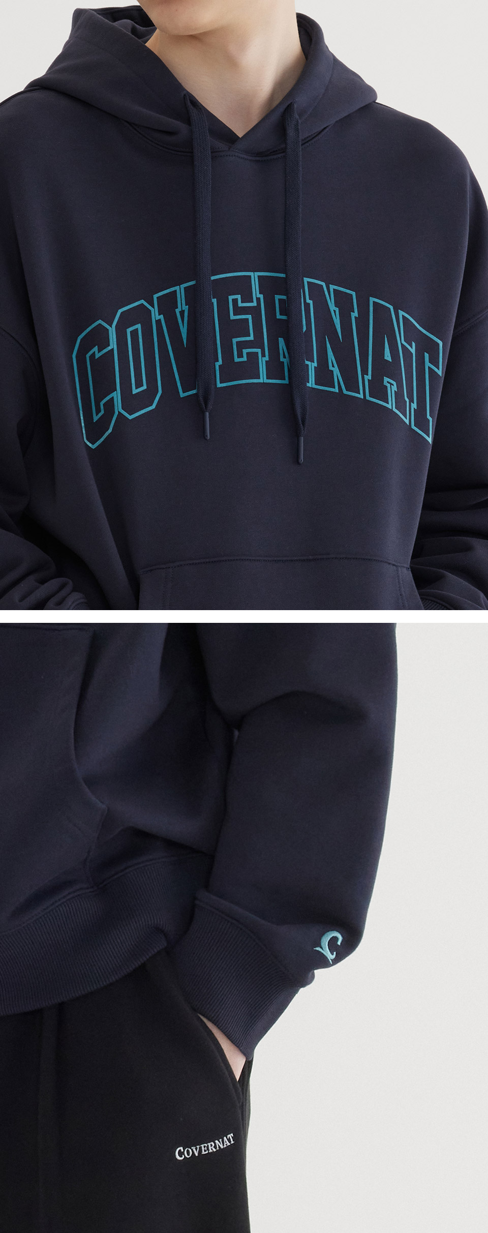 MUSINSA | COVERNAT Arch Logo Drop Fit Hoodie Dark Navy