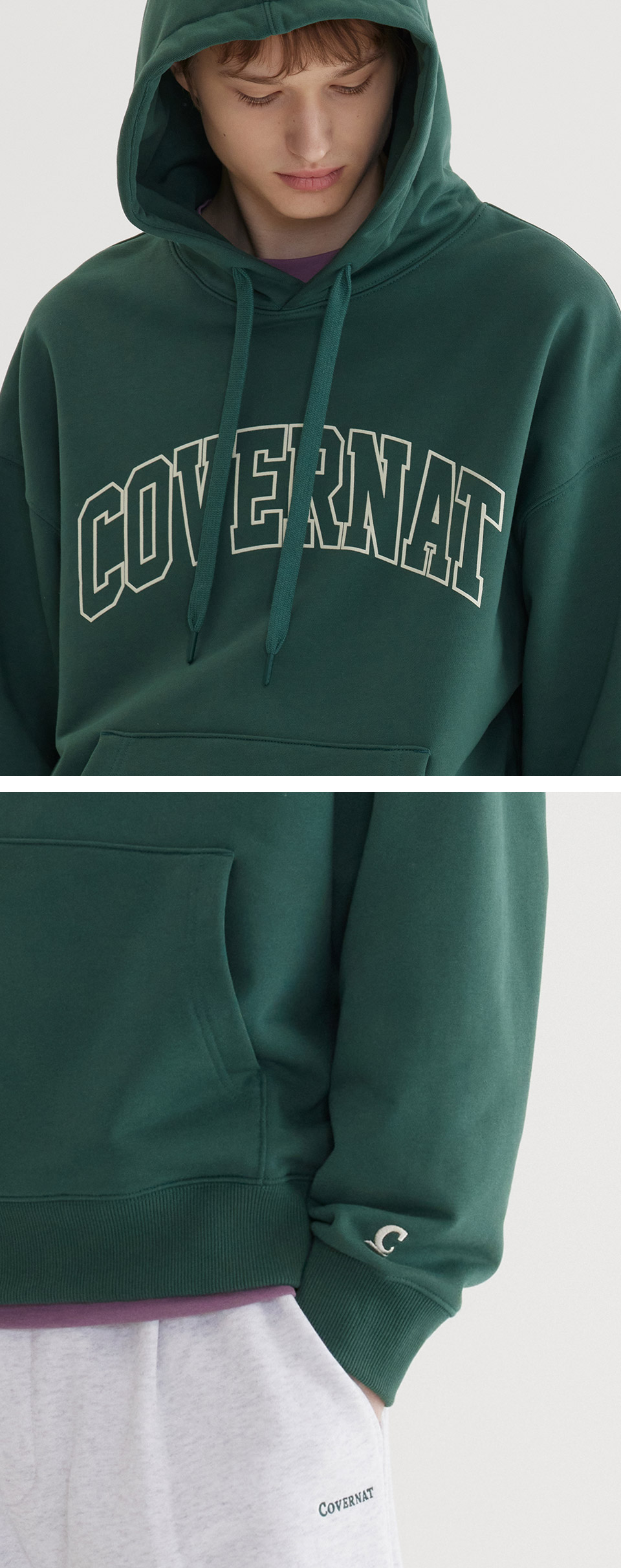 MUSINSA | COVERNAT Arch Logo Drop Fit Hoodie Green