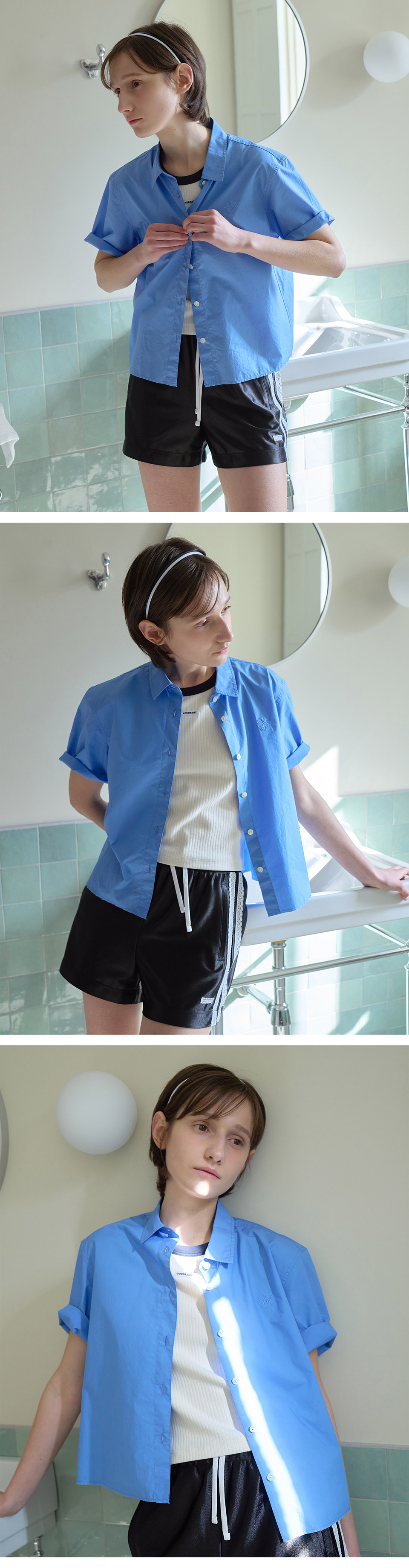 covernat ウーマンクロップクローバーハートシアッカーハーフシャツ MUSINSA | COVERNAT WOMAN Women's Clover Heart Half Shirt Blue