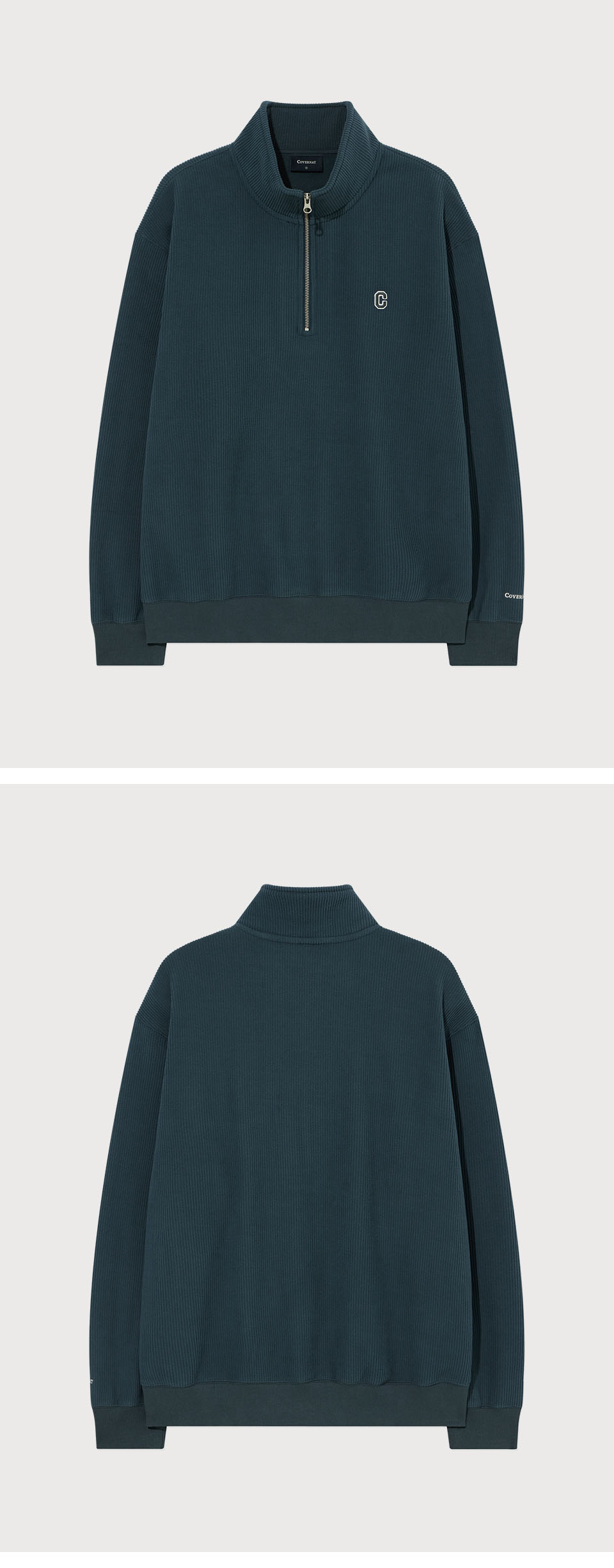 MUSINSA | COVERNAT Small C Logo Corduroy Half Zip-Up Teal Blue