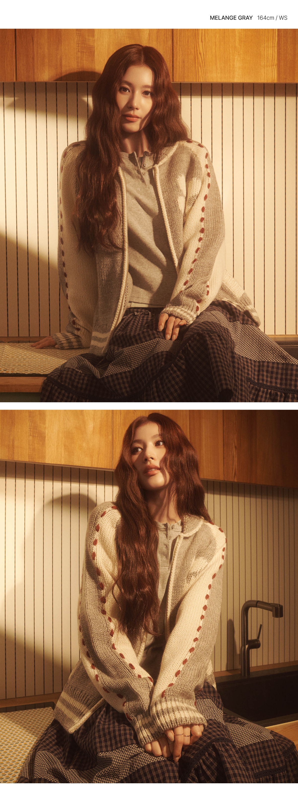 WOMAN HENLEY EYELET LONG SLEEVE #SANA同款！ - 2 COLORS MELANGE GREY