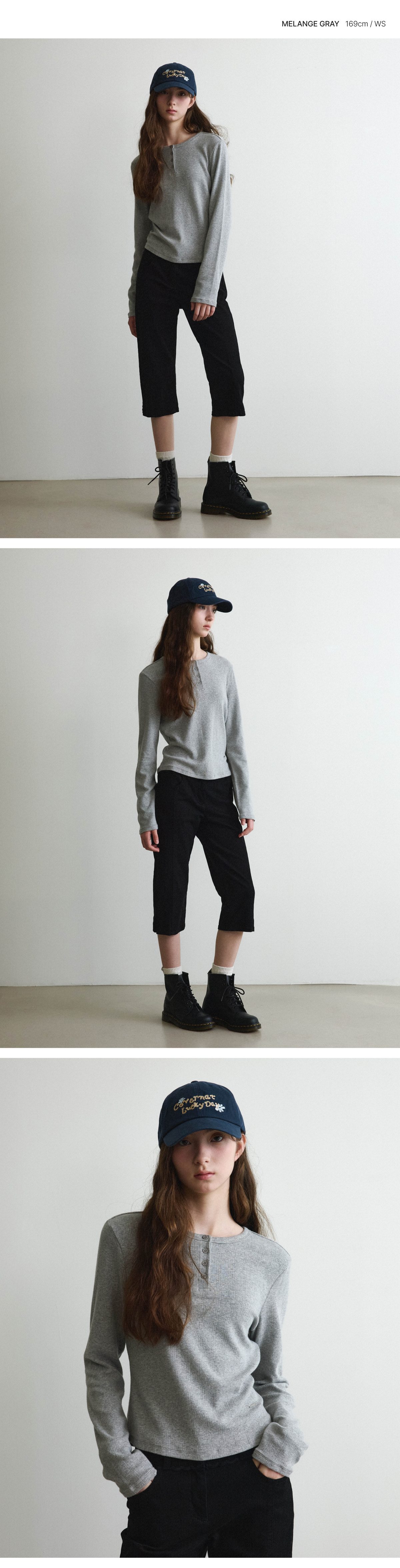 WOMAN HENLEY EYELET LONG SLEEVE #SANA同款！ - 2 COLORS MELANGE GREY